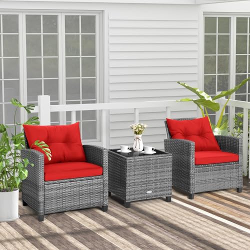 Image of Tangkula 3 Pieces Patio Furniture Set, Outdoor PE Rattan Conversation Chair Set with Tempered Glass Side Table and Removable Cushions, PE Wicker Chairs and Table Set for Porch, Balcony and Garden