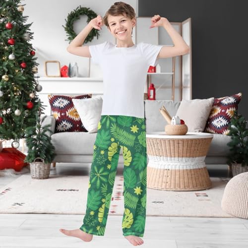 Boy's Pj Pants Yellow Green Tropic Leaf Lounge Bottoms Elastic Waist Kids Joggers with Pockets Size 6-142