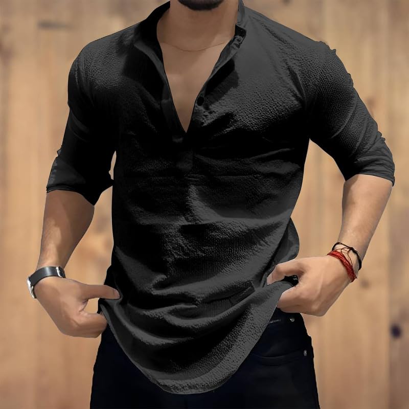 Image of MiraMichi Men's Cotton Blend Kurta | Kurta for Men Stylish Casual Short Kurta | Half Kurta Shirt Daily Use for Summer Season | Mandarin Collar Cotton Kurta's for Man Comfort