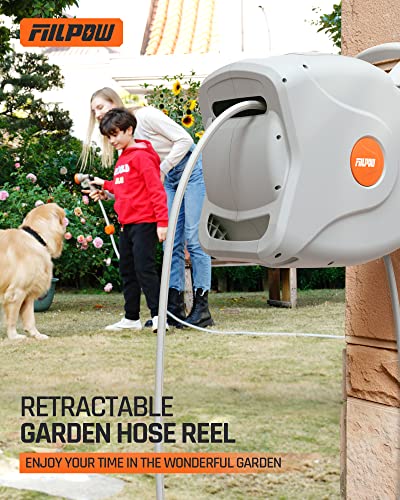 Fiilpow Retractable Garden Hose Reel 82 Ft 5/8", Wall Mounted Water Hose Reel With Automatic Rewind System, Any Length Locked, Brass Fittings, 180° Swivel, 8 Patterns Nozzle For Garden Watering #TOP6