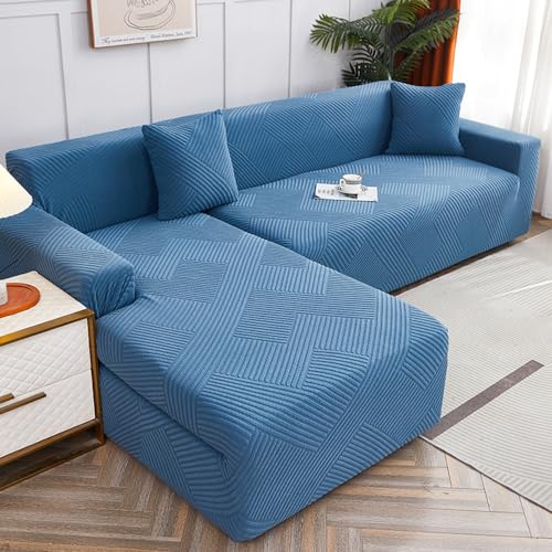 Housse canape extensible jacquard bleu lac 1 place - 2