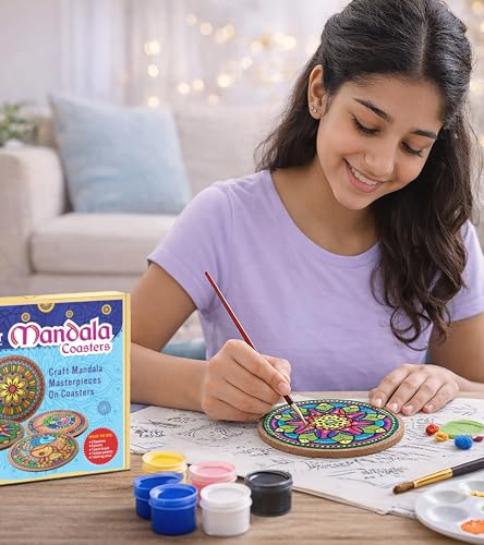 Image of Mind Pilot DIY Mandala Coaster Painting Kit - 4 Pre-Marked MDF Coasters with 6 Paints, Brush, Dotting Tool & Palette | Art & Craft Activity for Kids, Teens & Adults | Birthday & Return Gift Set