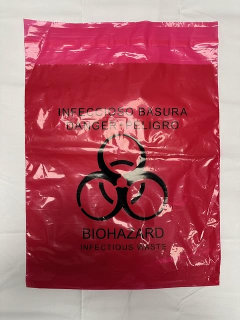 Image of Stick-On Red Biohazard Waste Bags (100 Pack) - 11x15 Inch Adhesive Disposal Bags for Tattoo Artists, Clinics & Phlebotomy Trays - Leak-Proof Infectious Waste Bags