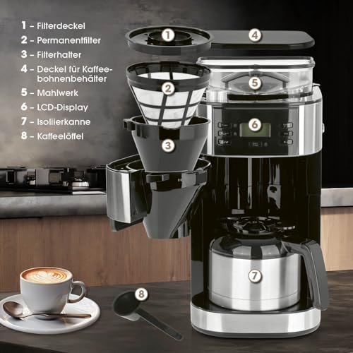 Barista Filterkaffeemaschine mit verstellbarem Mahlwerk & Thermokanne | Warmhaltefunktion, 24h Timer & Permanentfilter | Für 10 Tassen Kaffee | Kaffeemaschine für Bohnen & Pulver [Edelstahl]