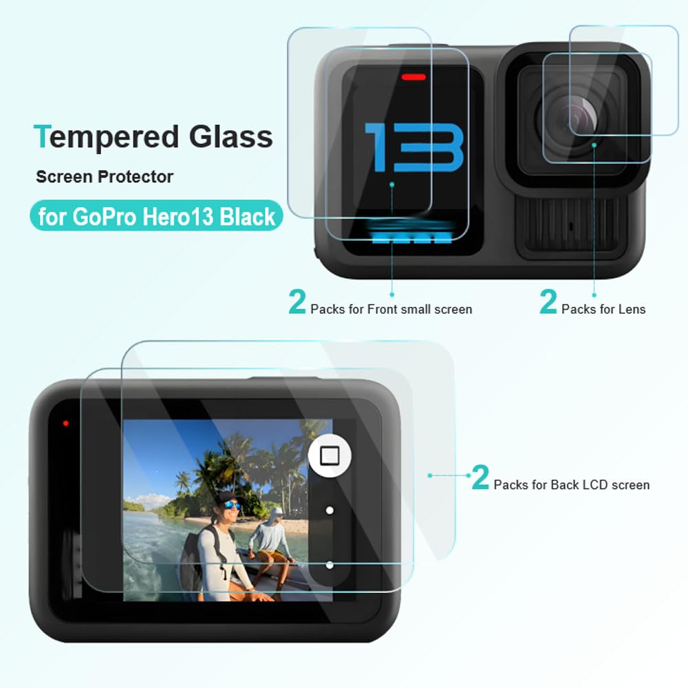 ULBTER Pellicola proteggi schermo per GoPro Hero 13 Black, 6 pezzi, vetro temperato, durezza 9H, antigraffio, anti-bolle