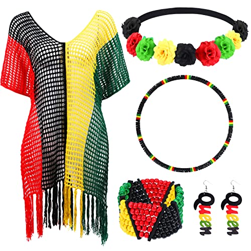5 Pcs Jamaican Cover Ups Women African Beach Accessories Set Rainbow Crochet Dress Jamaican Outfits for Summer Boho Jewelry