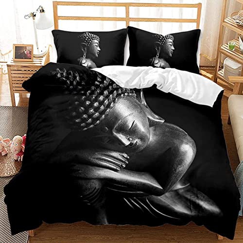 okoikfc Housse de Couette 220x240, Statue de Bouddha Noir Parure de Lit 2 Personnes Imprimée 110gsm Microfibre Hiver, 2 Taies d'oreiller 65x65 cm avec Fermeture éclair