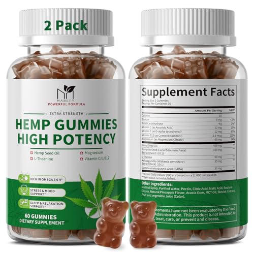 2 Pack Hemp Gummies for Sleep Stress Relax & Calm High Potency Extra Strength with Magnesium Vitamins Pumpkin Seed Ashwagandha GABA L-Theanine Pineapple Flavor 120 Bears Gummies Vegan