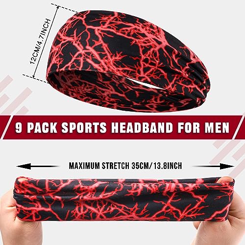 Image of 9 pcs Sweatbands for Men Workout Sport Headbands for Men Camo Headband Sweat Absorbing Headband Wide Sweatband for Head Basketball Football Cycling Running Yoga, 4.7 x 9.8 Inch