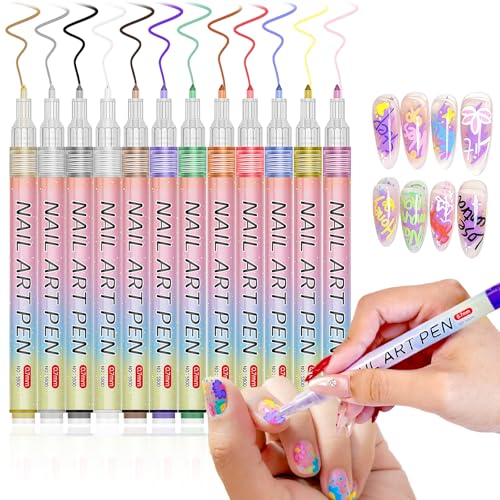 Image of 12 Color Nail Art Pens, 3D 0.7 MM Nail Polish Pens Set Drawing Painting Point Liner Acrylic Painted Pen Kit, Waterproof and Quick-drying Nail for DIY Nails Art Design Manicure Tools
