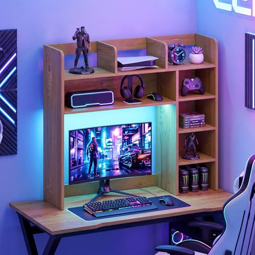 Tangkula Desktop Bookshelf with LED Lights, Desk Hutch with 8 Shelves for Max 25" Monitor, Desktop 5-Tier Display Rack, Multipurpose Wood Desktop Storage Hutch Organizer for Dorm Office Home (Natural) - Image 5