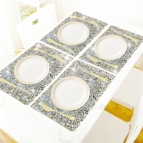 Mxcver Silver Placemats Silver Heat Resistant Mat Square Placemats Silver Trivets Rhinestone Decor Place Mat Crushed Diamond Decor Bling Sparkly Mat Set Of 2 thumb #7