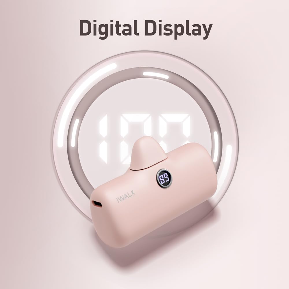 iWALK Caricatore Portatile 4800mAh[2024 Upgrade], Power Bank Ricarica Rapida con Display LED Compatibile con iPhone 14/14 Pro Max/13/12/11/SE/XR/8/7/6s, Rosa