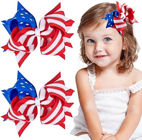Whaline Jumbo 4th of July Bow Hair Clips 5.9inch American Flag Barrette Hair Bow Patriotic Stars and Stripes Hairgrips Baby Girls Women Hair Accessories for Independence Day Memorial Day, 2Pcs