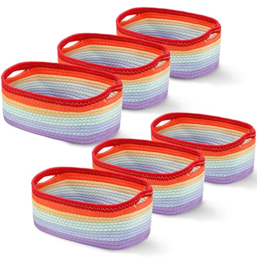 Image of Sawysine 6Pcs Colorful Cotton Rope Laundry Hamper, Portable Storage Basket with Handle for Bathroom, Bedroom, Living Room, 12'' x 8'' x 6''