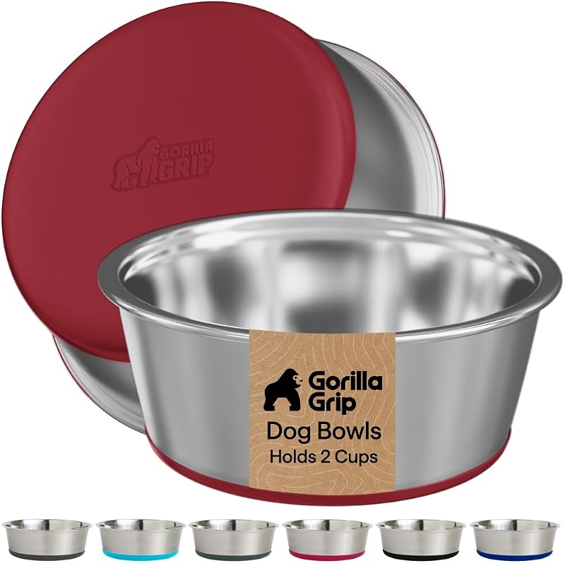 GORILLA GRIP Cuencos para perros, acero inoxidable 304 de grado alimenticio, capacidad para 2 tazas cada uno (16 fl oz) cuenco de comida y agua para alimentar perros y gatos, apto para lavavajillas, resistente a la oxidación, base de goma sin BPA, juego de 2, color rojo