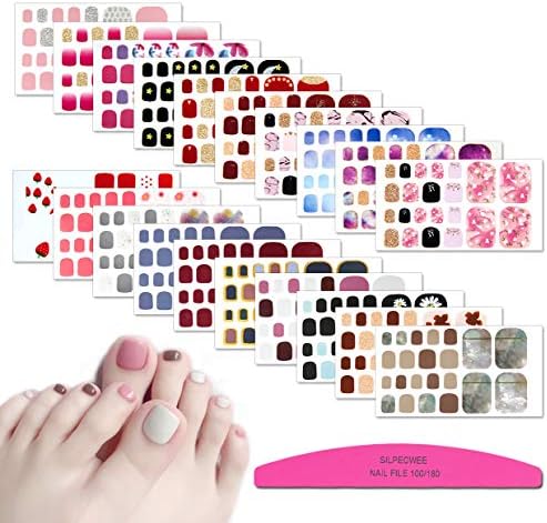 SILPECWEE 20 Sheets Adhesive Toenail Polish Wraps Stickers Flower Marbling Nail Strips Decals Manicure Accessories for Women 1Pc Nail File
