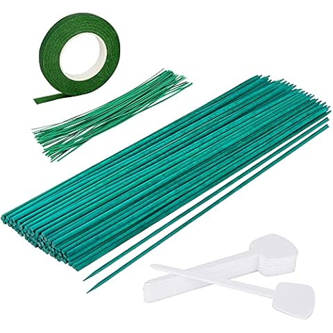 Hysagtek 50pcs Green Flower Sticks 40 cm Wood Plant Stake Plant Supports with 50pcs Garden Ties, 30 Yard Green Flower Paper Tape and 10pcs Plant Sign Tags Cover