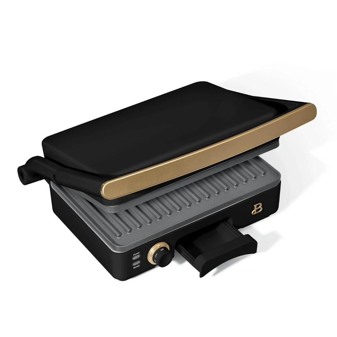 Beautiful 2-in-1 Panini Press, Grill, Sandwich Maker, Stainless Steel, Non-Stick Plates, 1200W Indoor Grill, Modern Style, 10.25 x 7 Inch Cooking Surface, Removable Heat Control (Black Sesame)