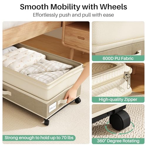Image of Kitstorack 2Pack Height-adjustable Under Bed Storage with Wheels, Under Bed Storage Containers,Under Bed Shoe Storage Organizer with Clear Window&Label, Suitable for Clothes Storage, Beige & Linen