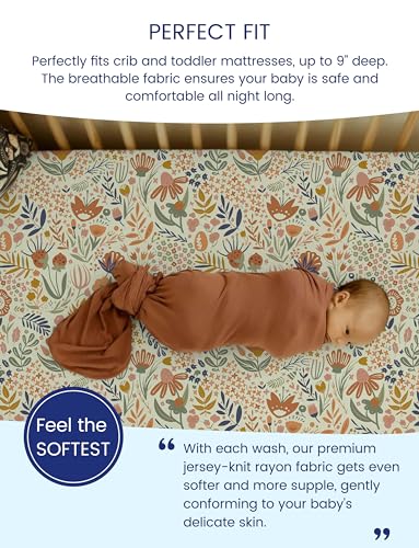 Image of TotAha Crib Sheets for Boys Girls, Buttery Soft Crib Mattress Fitted Sheet, Super Stretchy Jesery Knit Baby Sheet, Silky Comfort Baby Bed Sheets 28x52x9 Extra Deep Pocket(Botanical Garden & Cute Bear)