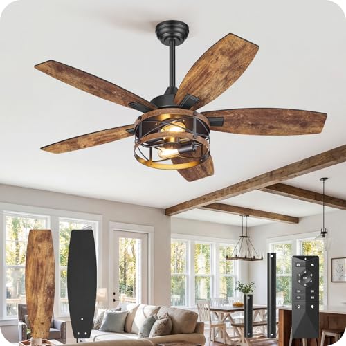 Image of 42 Inch Farmhouse Ceiling Fan with Lights and Remote, Timer, Dual Finish 5 Blades (Rustic Brown and Black), 6 Speeds, Reversible DC Motor, Rustic Brown Caged Ceiling Fan for Bedroom B04CF4205