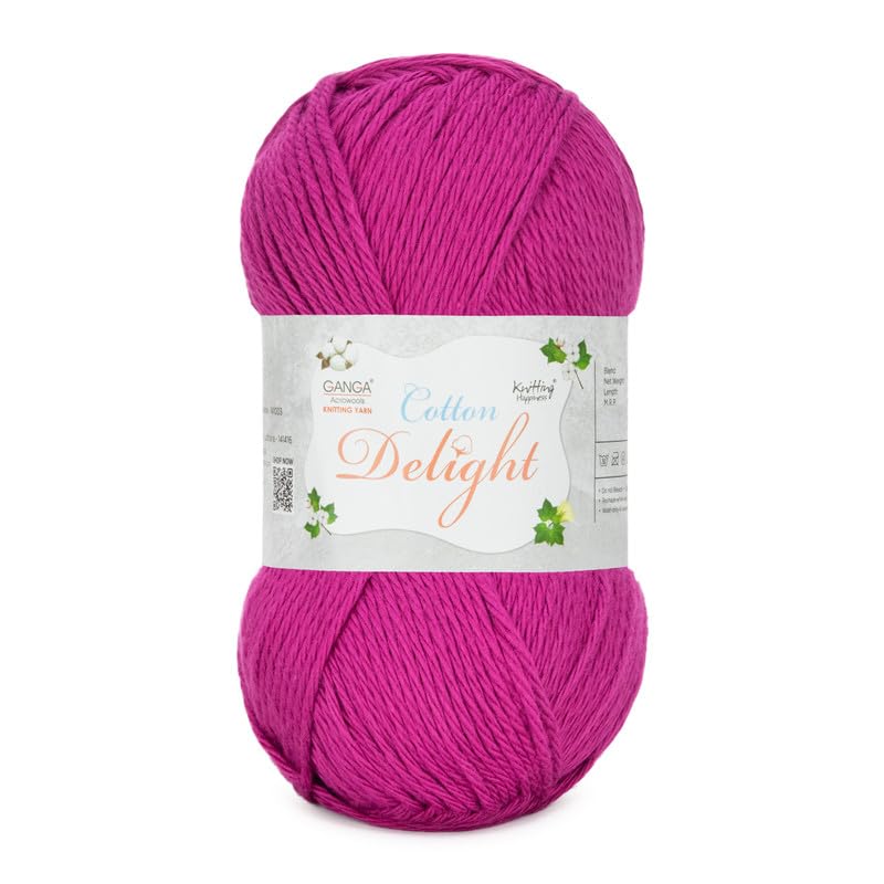 Image of Ganga Acrowools Cotton Delight, Dk Weight Cotton Yarn, Oekotex Class L Certified 100G, 169M, Pack of 1 Ball - 100gm Each, Shade No. - COD081 Fuchsia Pink