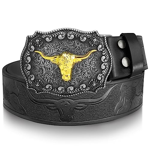 Black Western Cowboy Genuine Leather Belt with Longhorn Bull Buckle and Floral Engraving