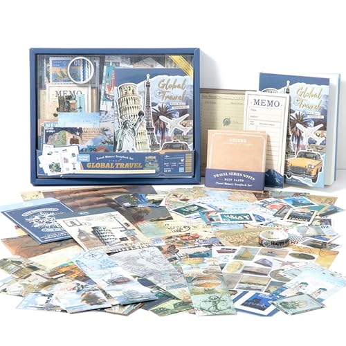 Image of The AutoStory World Trip Scrapbook Kit A6 Junk Journal Map Stickers Tourist Decorative Papers Washi Tape DIY Craft Art Keepsake Vacation Memory Book Decor Present Men (Global Travel, Blue)