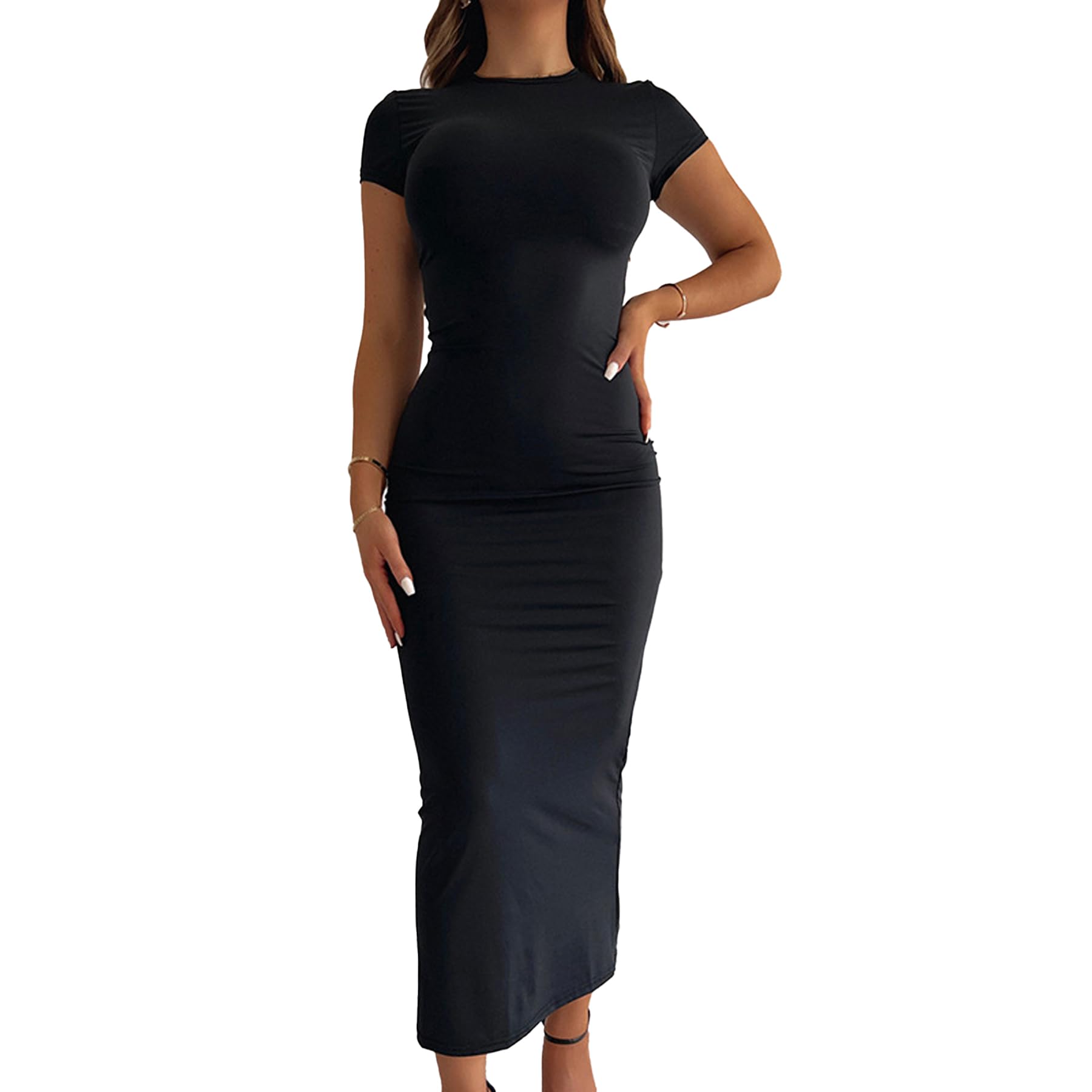Hanaoops Vestido Largo Mujer Verano Midi Vestidos Casuales Bodycon Sexy Vestido Manga Corta para Fiesta
