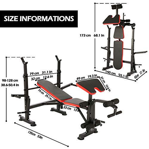 Folding Adjustable Olympic Weight Bench Power Tower Workout Dip Station with Preacher Curl Leg Developer Multi-Functional Weight Bench Set for Indoor Gym Home Fitness Exercise (Black)
