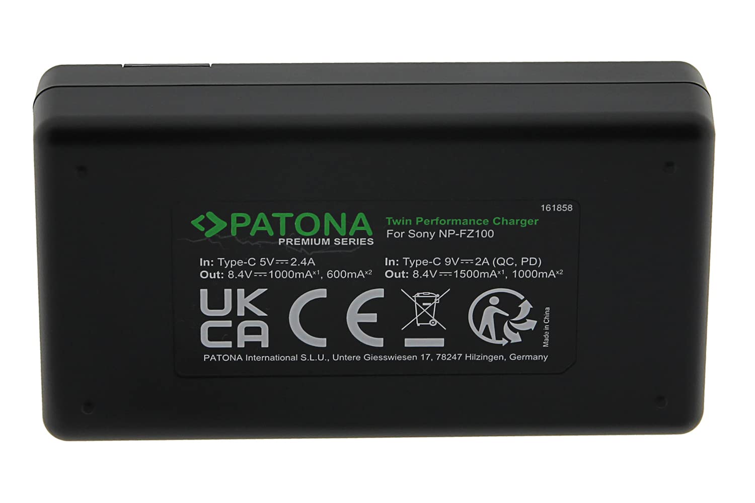 PATONA Premium Caricabatterie doppio PD per Sony NP-FZ100 – Dual LCD, USB-C PD/QC 1500mA, alimentatore 20W incluso – per Alpha A1, A7 III, A7 IV, A7R III-V, A7S III, A9 II, A6600, A6700, FX3, FX30