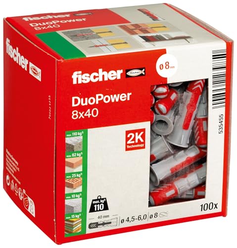fischer DuoPower 8 x 40, Universaldübel, leistungsstarker 2-Komponenten-Dübel, Kunststoffdübel zur Befestigung in Beton, Ziegeln, Stein, Gipsbauplatten uvm., ohne Schrauben, 100 Stück