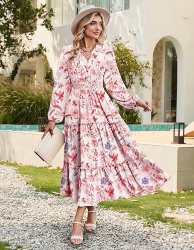 Image of GRACE KARIN Women's Floral Maxi Dress 2026 Fall Long Sleeve V Neck Empire Waist A Line Flowy Dress with Pocket