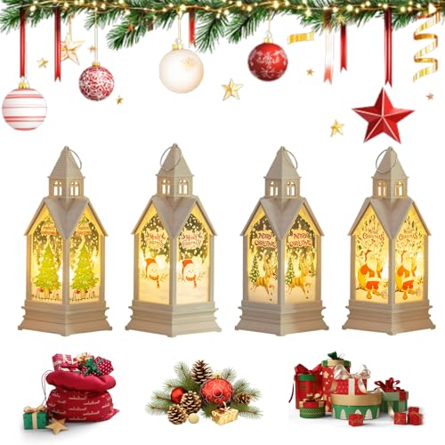 4 farolillos decorativos de Navidad, farolillos de Navidad con LED, decoración de Adviento para interiores, guirnalda de luces LED de color blanco cálido