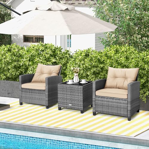 Image of Tangkula 3 Pieces Wicker Patio Furniture Set, Outdoor Rattan Conversation Cushioned Chair Set with Tempered Glass Side Table, for Porch, Balcony and Garden