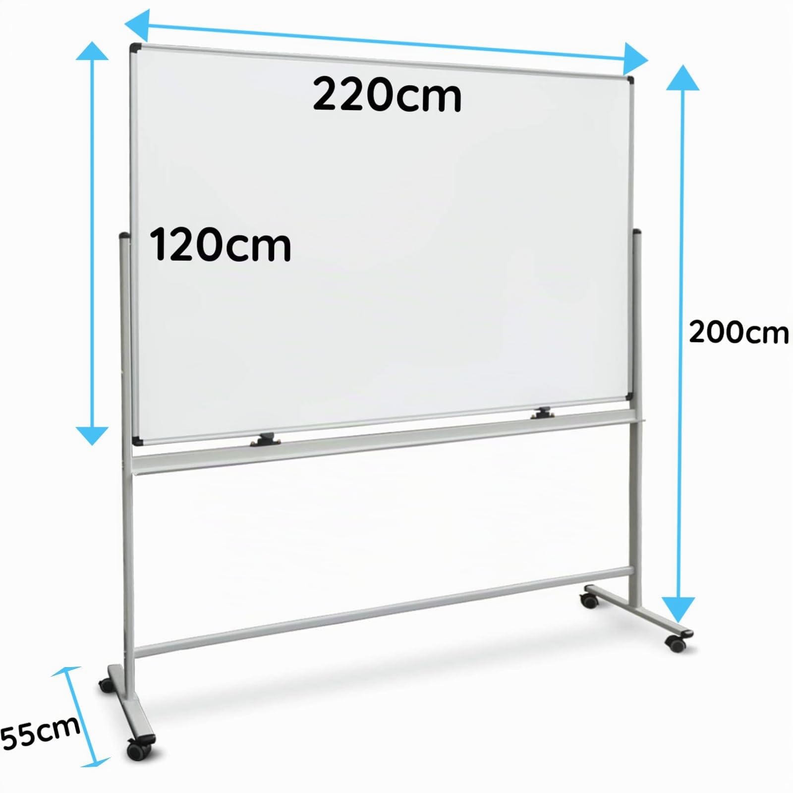 OfficeMarshal Whiteboard mit Ständer 120 x 220cm mobiles Whiteboard auf Rollen doppelseitige Stativdrehtafel magnetisch, beschreibbar, rollbar, leicht abwischbar mit Stifteablage, Aluminiumrahmen