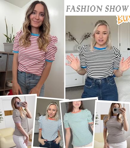 Tankaneo Womens Short Puff Sleeve Tops Trendy Striped Color Block T Shirts Crewneck Casual Shirts2