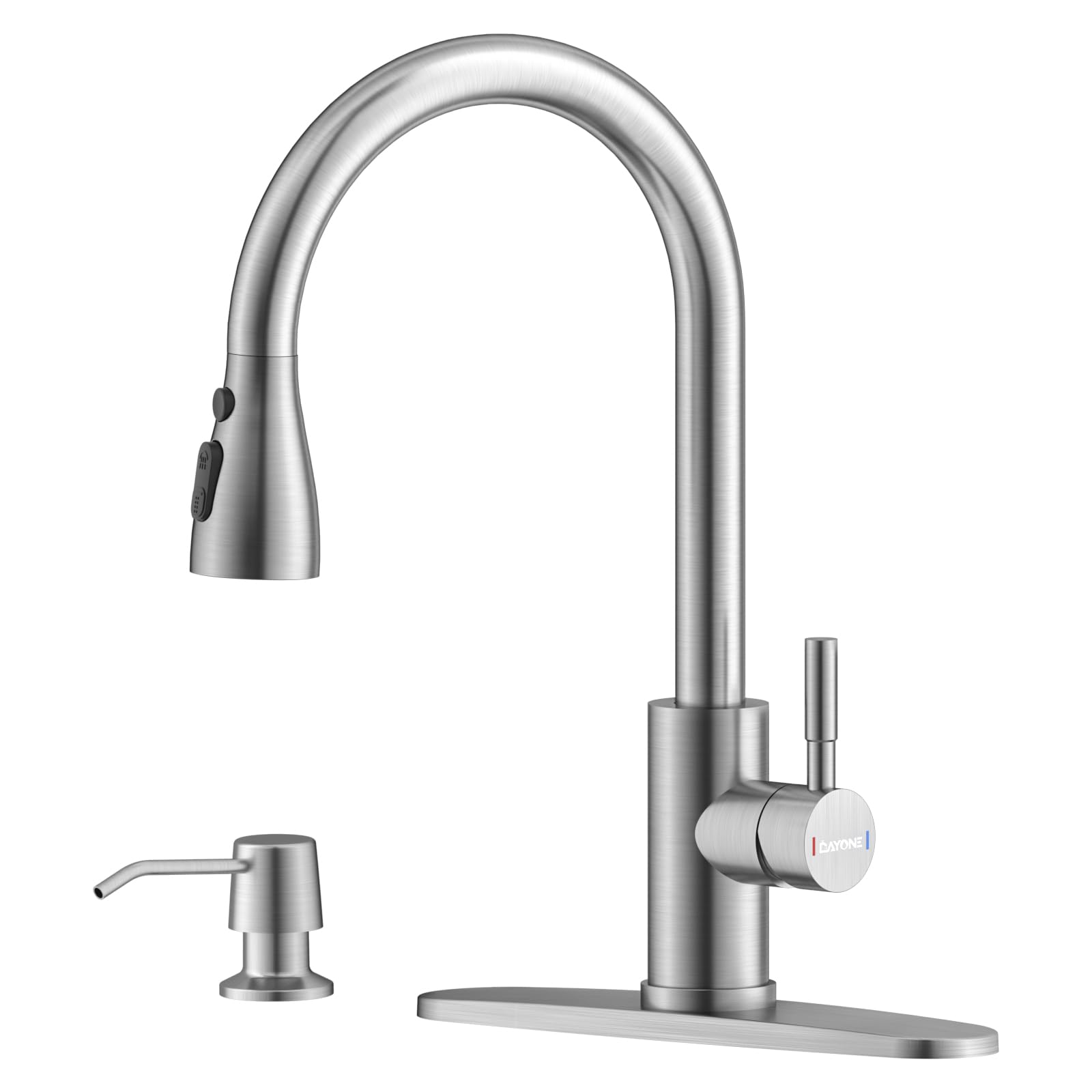 DAYONEBrushed Nickel Kitchen Faucet with Pull Down Sprayer and Soap Dispenser, 3 Modes High Arc Single Handle Sink Faucet with Deck Plae for Kitchen, DAY-APS257BN