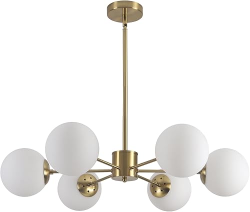 KCO Candelabro Sputnik de 6 luces con forma de globo de cristal de leche, moderna lámpara dorada de mediados de siglo, lámpara de araña Sputnik de