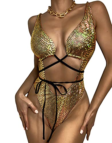 Newfancy Womens Rave Wear One Piece Bodysuit Snakeskin Print Sexy Mentalic Halter Swimsuit For Festival Dance Rave Clothing, Shiny Metalic Gold #TOP19