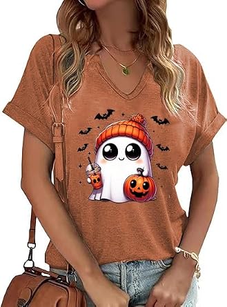 V Neck Fall Shirts for Women Pumpkin Graphic T Shirts Cute Halloween Tops Thanksgiving Tee