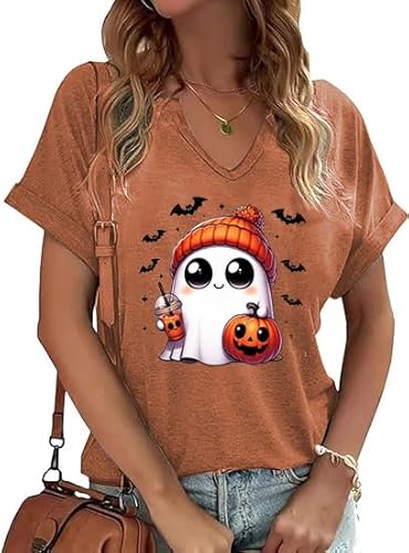V Neck Fall Shirts for Women Pumpkin Graphic T Shirts Cute Halloween Tops Thanksgiving Tee, Thr04brn, XX-Large