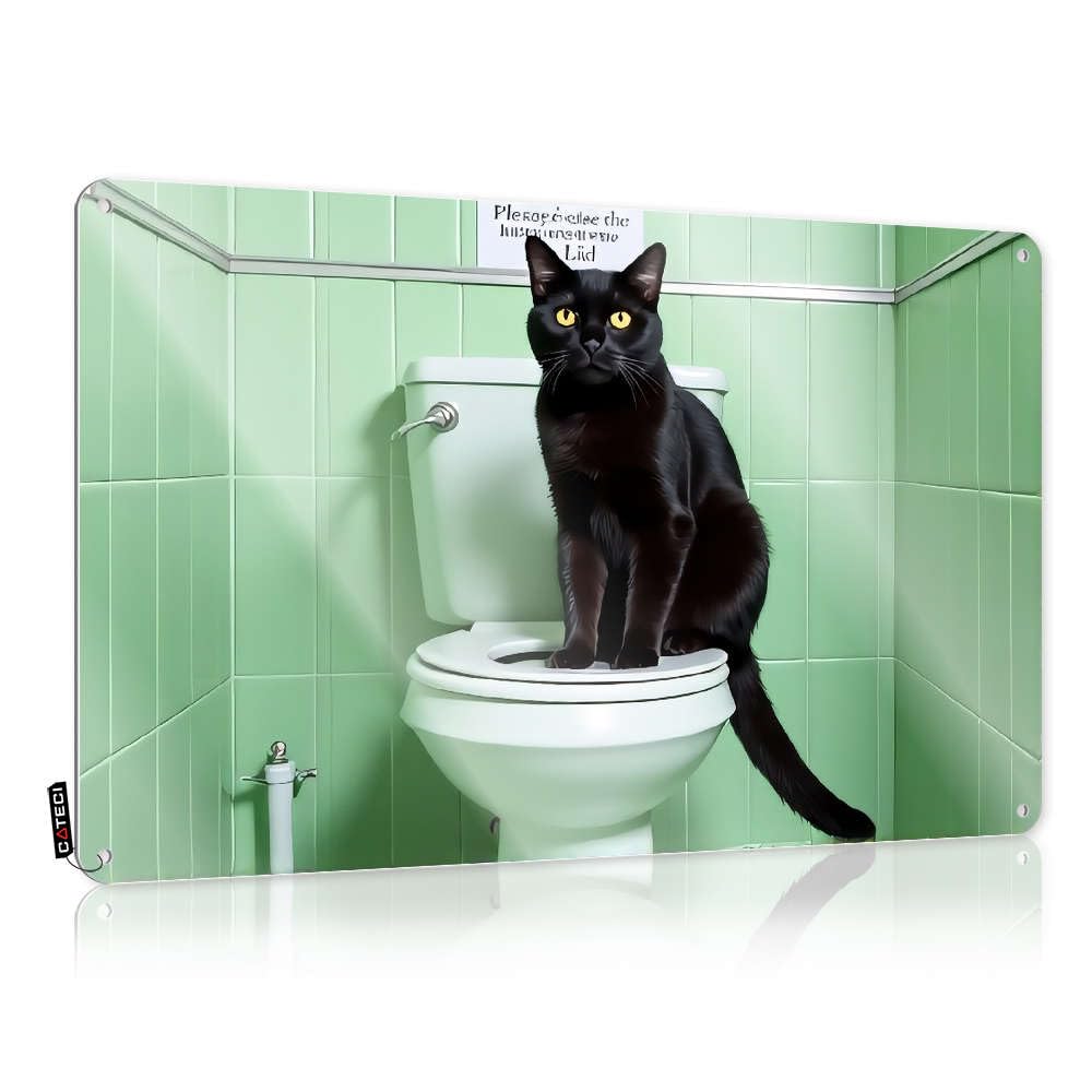 Cool Wall Decor Painting Ready To Hang - A Black Cat Sitting On A Toilet In A Green Bathroom. Ideas For Crossing(30X40CM)