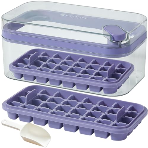 Ice Cube Tray Set with Lid and Bin, 2 Pack of Ice Cube Trays with 64 Ice Cube Molds for Freezing (Purple)