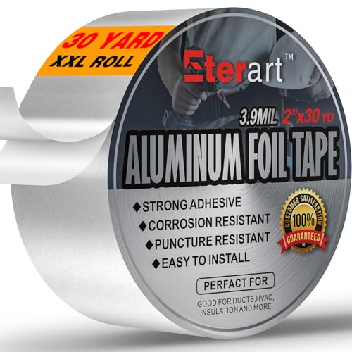 Image of ETERART Aluminum Foil Duct Tape, High-Temp Seal for HVAC,2 inch x 30Yds | Heavy Duty, Patching,Air Ducts,Metal Repair, Foamboard,Insulation,Dryer Vent and More,Silver, easy to apply, residue-free