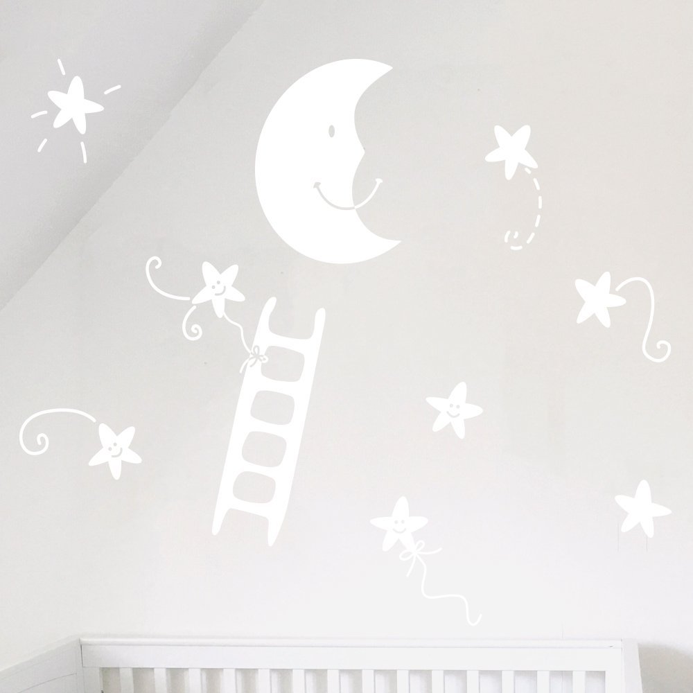 Sticker enfant échelle lune étoiles adhésif mural blanc 100x55cm