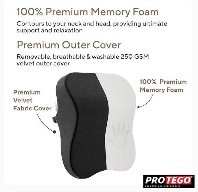 PROTEGO Universal Memory Foam Car Neck Rest Pillow with Washable Velvet Cover | Relieves Neck Pain | Ergonomic Support Orthopedic Cushion Ultra Soft| for All Hatchback SUV Sedan Cars |Black (Large) 2