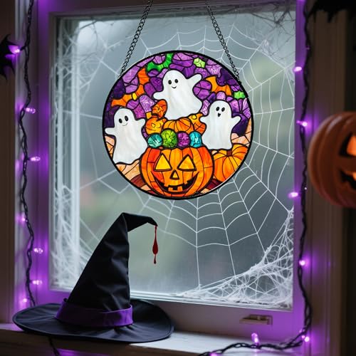 Image of Stained Glass Window Hanging Halloween Horror Pumpkin White Ghost 11.8 inch - Suncatcher Door Garden Sunroom Gothic Style Sun Catcher Birthday for Friend Mom Men Woman Nana