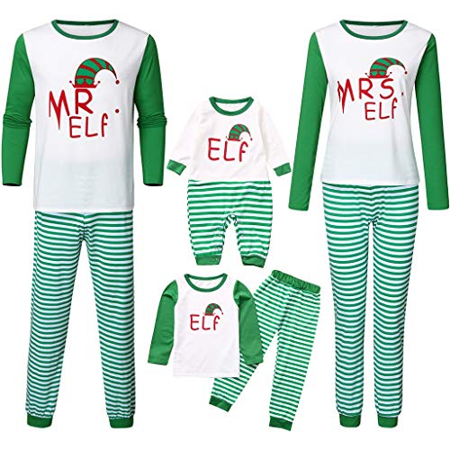 Jeash Christmas Family Matching Pajama, Green and White Striped Elf Pajama Holiday Pj Sets Matching Christmas PJs for Family (White, Dad XL)